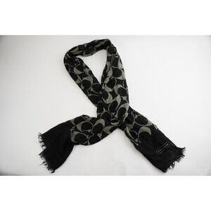 Coach Scarf Womens OS Black Grey Signature C Print Frayed Edge Excellent